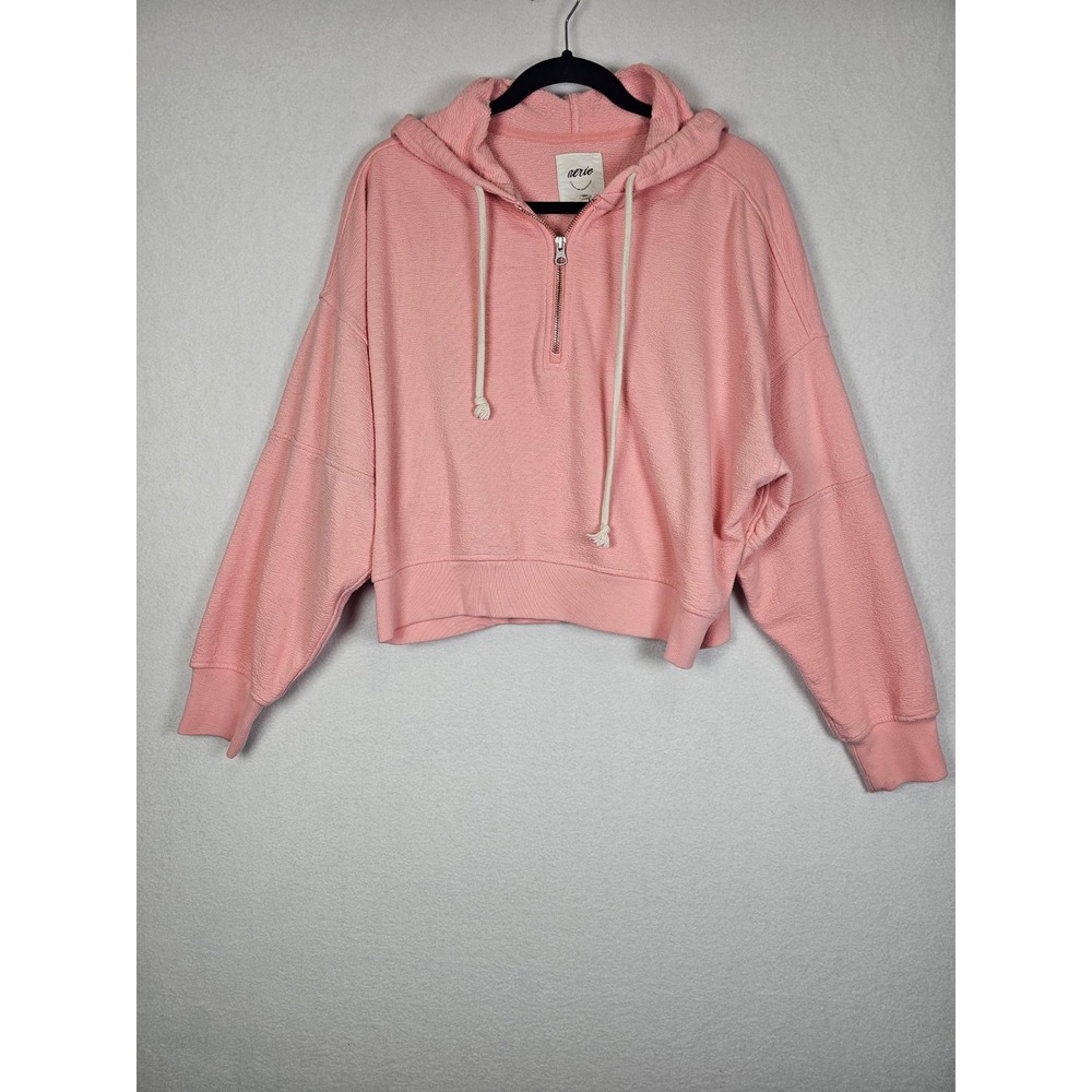 Coquette Aerie Quarter Zip Hoodie Womens Medium Pink Textured Cropped Pullover